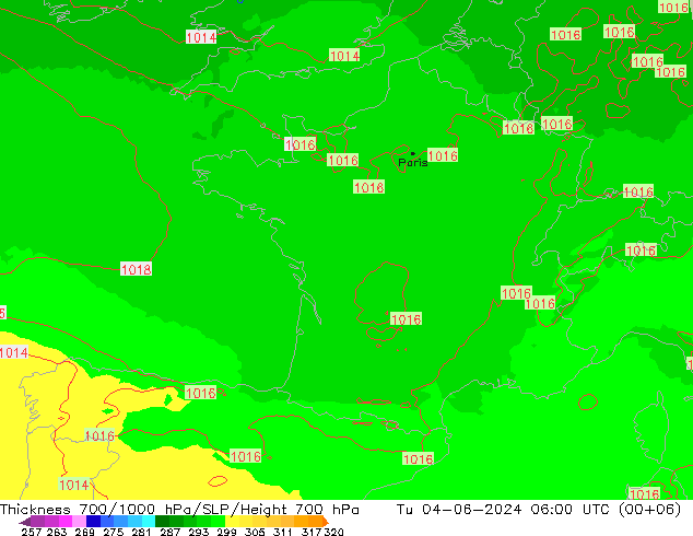 Thck 700-1000 hPa UK-Global Tu 04.06.2024 06 UTC