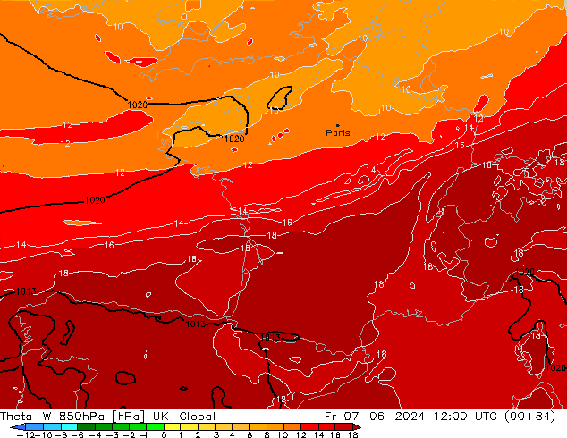 Theta-W 850hPa UK-Global Cu 07.06.2024 12 UTC