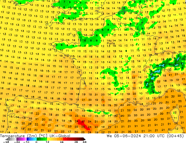 Sıcaklık Haritası (2m) UK-Global Çar 05.06.2024 21 UTC