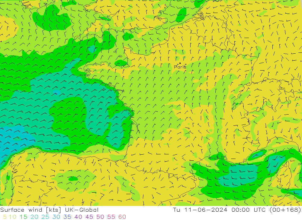 Wind 10 m UK-Global di 11.06.2024 00 UTC