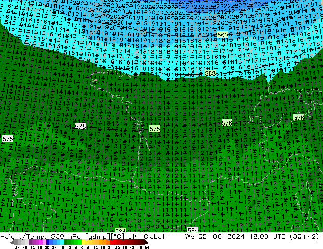 Height/Temp. 500 hPa UK-Global śro. 05.06.2024 18 UTC