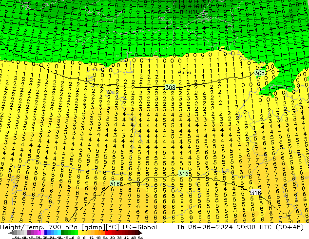 Géop./Temp. 700 hPa UK-Global jeu 06.06.2024 00 UTC