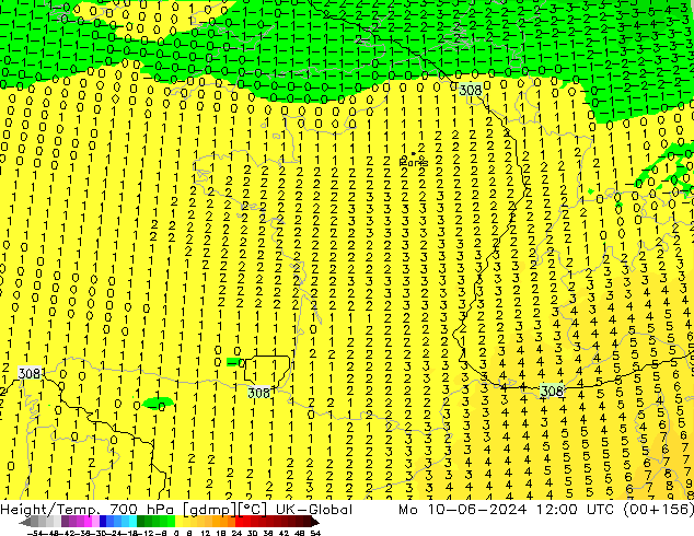 Height/Temp. 700 hPa UK-Global Seg 10.06.2024 12 UTC