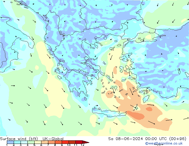 Surface wind (bft) UK-Global Sa 08.06.2024 00 UTC