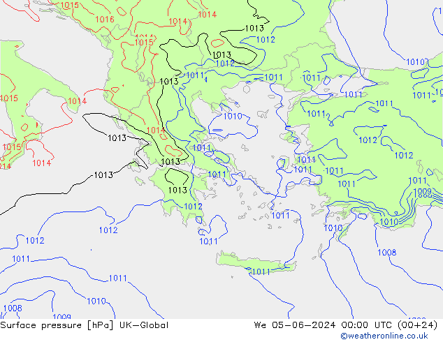 Pressione al suolo UK-Global mer 05.06.2024 00 UTC