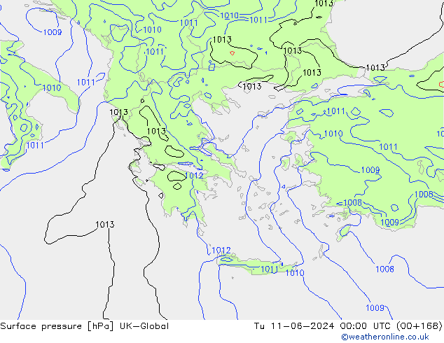 Surface pressure UK-Global Tu 11.06.2024 00 UTC