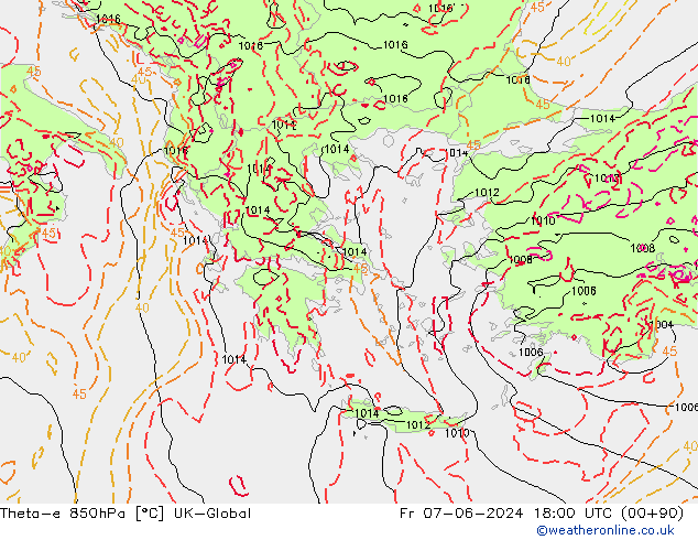 Theta-e 850hPa UK-Global Fr 07.06.2024 18 UTC