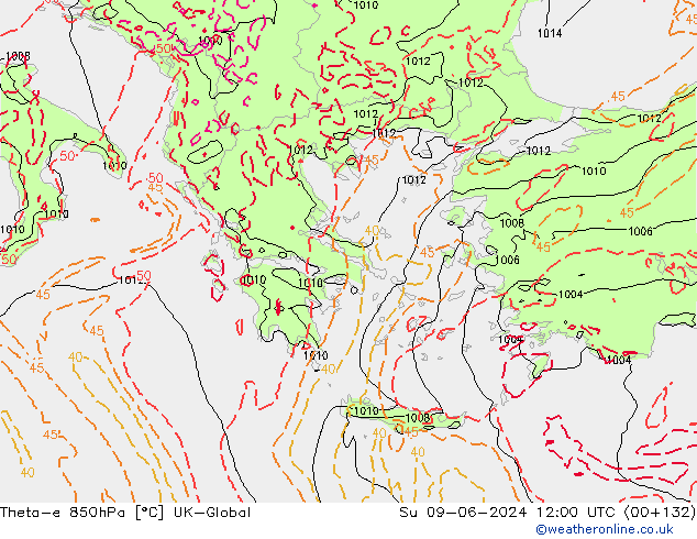 Theta-e 850hPa UK-Global zo 09.06.2024 12 UTC