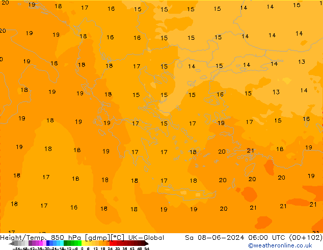 Geop./Temp. 850 hPa UK-Global sáb 08.06.2024 06 UTC