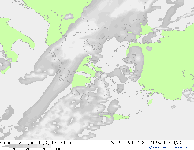 Bewolking (Totaal) UK-Global wo 05.06.2024 21 UTC