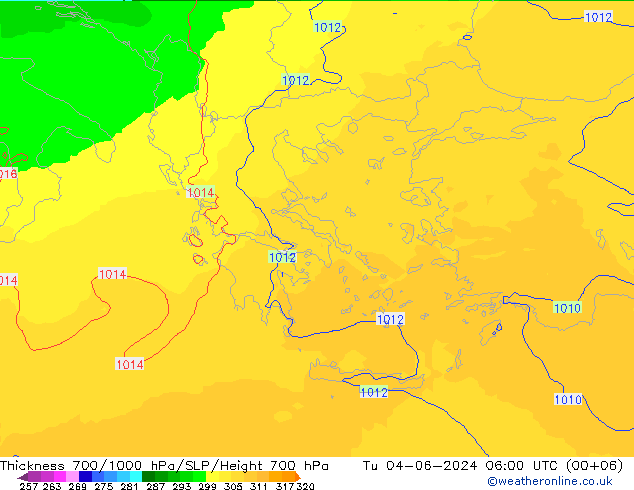 Thck 700-1000 гПа UK-Global вт 04.06.2024 06 UTC