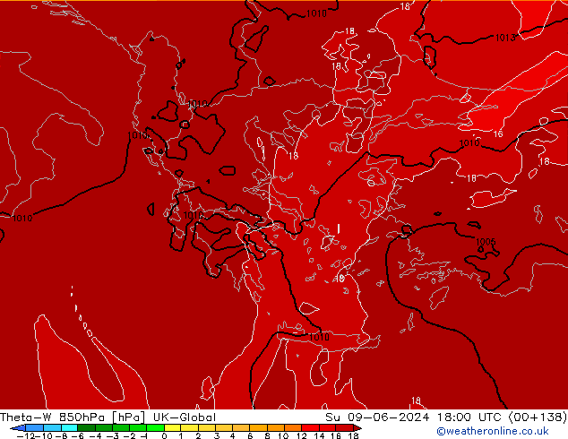 Theta-W 850hPa UK-Global zo 09.06.2024 18 UTC