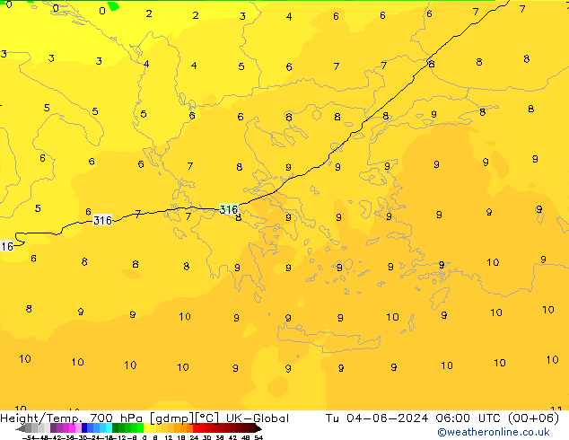 Hoogte/Temp. 700 hPa UK-Global di 04.06.2024 06 UTC