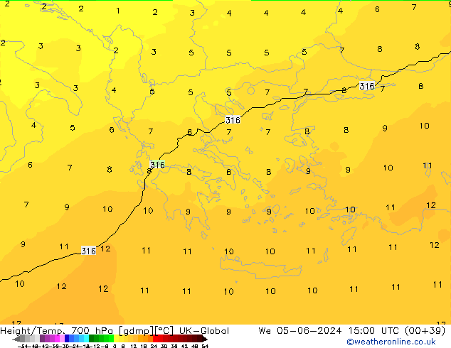 Height/Temp. 700 hPa UK-Global Qua 05.06.2024 15 UTC