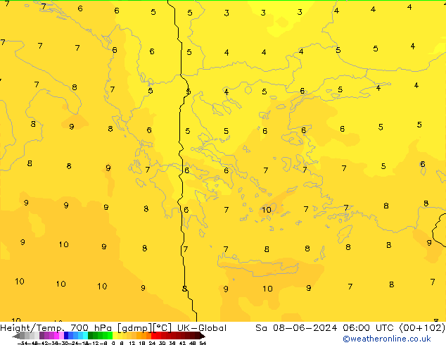 Height/Temp. 700 hPa UK-Global Sa 08.06.2024 06 UTC