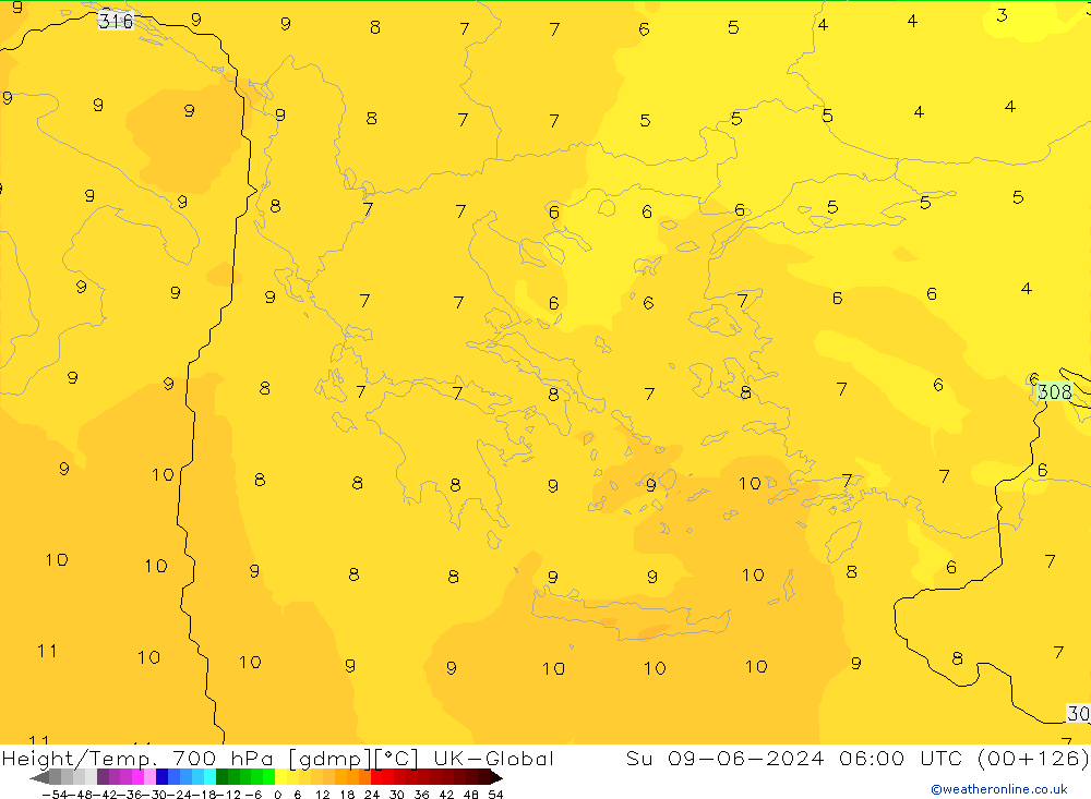 Height/Temp. 700 hPa UK-Global Su 09.06.2024 06 UTC
