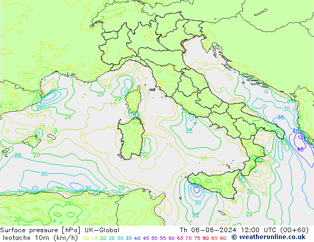 Isotachs (kph) UK-Global jeu 06.06.2024 12 UTC