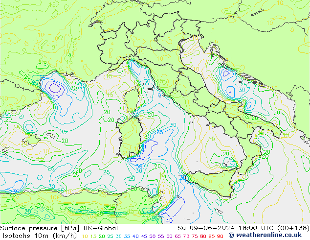 Isotachen (km/h) UK-Global So 09.06.2024 18 UTC