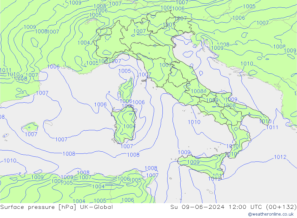 Pressione al suolo UK-Global dom 09.06.2024 12 UTC