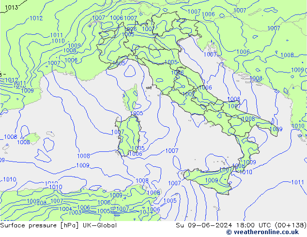 Pressione al suolo UK-Global dom 09.06.2024 18 UTC