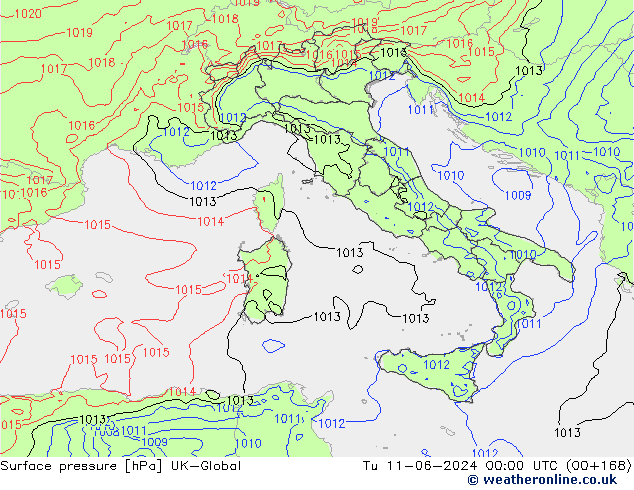 Surface pressure UK-Global Tu 11.06.2024 00 UTC