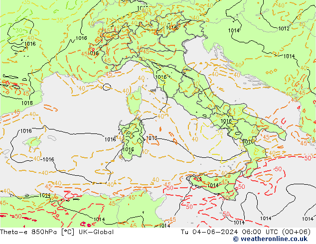 Theta-e 850hPa UK-Global di 04.06.2024 06 UTC