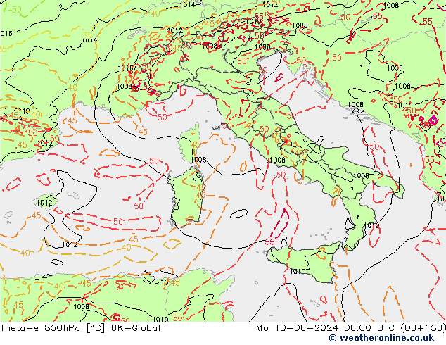 Theta-e 850hPa UK-Global  10.06.2024 06 UTC