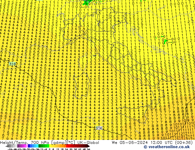 Height/Temp. 700 hPa UK-Global St 05.06.2024 12 UTC