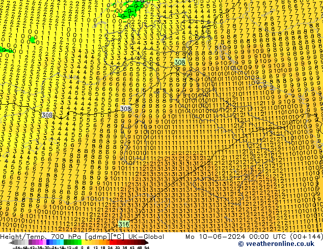 Height/Temp. 700 hPa UK-Global  10.06.2024 00 UTC