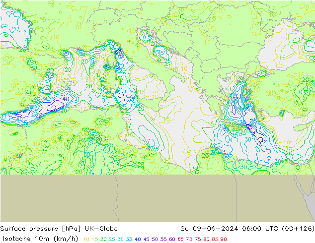 Isotachs (kph) UK-Global Su 09.06.2024 06 UTC