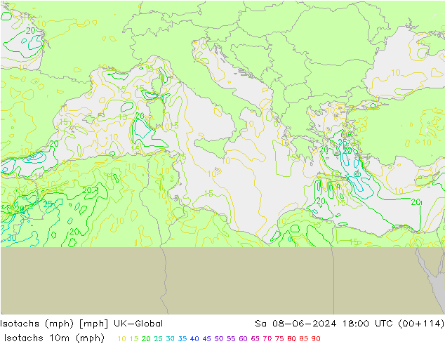 Isotachen (mph) UK-Global za 08.06.2024 18 UTC