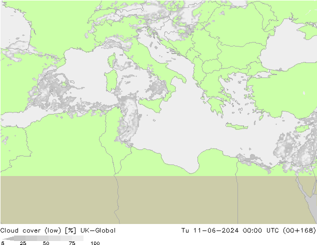 Cloud cover (low) UK-Global Tu 11.06.2024 00 UTC