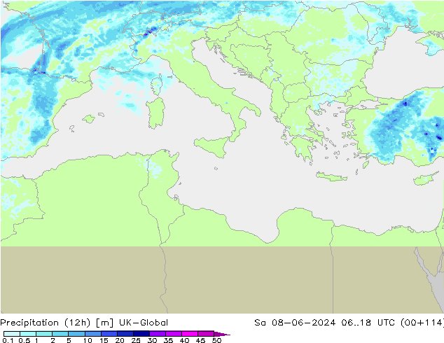 Totale neerslag (12h) UK-Global za 08.06.2024 18 UTC