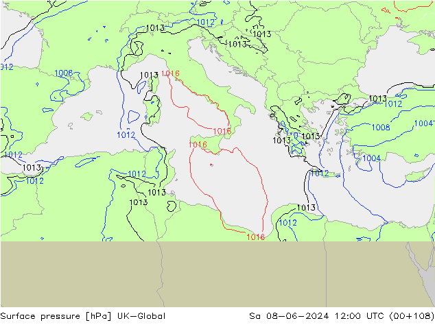 Pressione al suolo UK-Global sab 08.06.2024 12 UTC