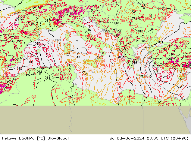 Theta-e 850hPa UK-Global So 08.06.2024 00 UTC