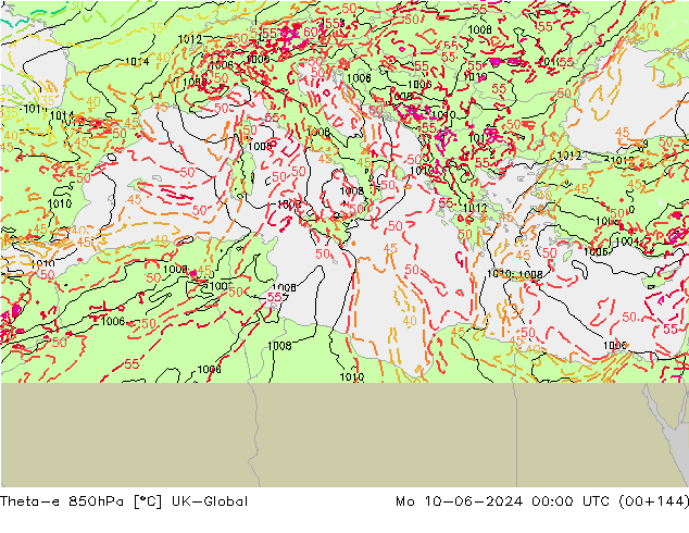 Theta-e 850hPa UK-Global ma 10.06.2024 00 UTC