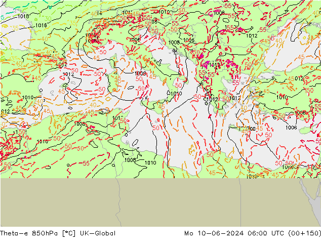 Theta-e 850hPa UK-Global lun 10.06.2024 06 UTC