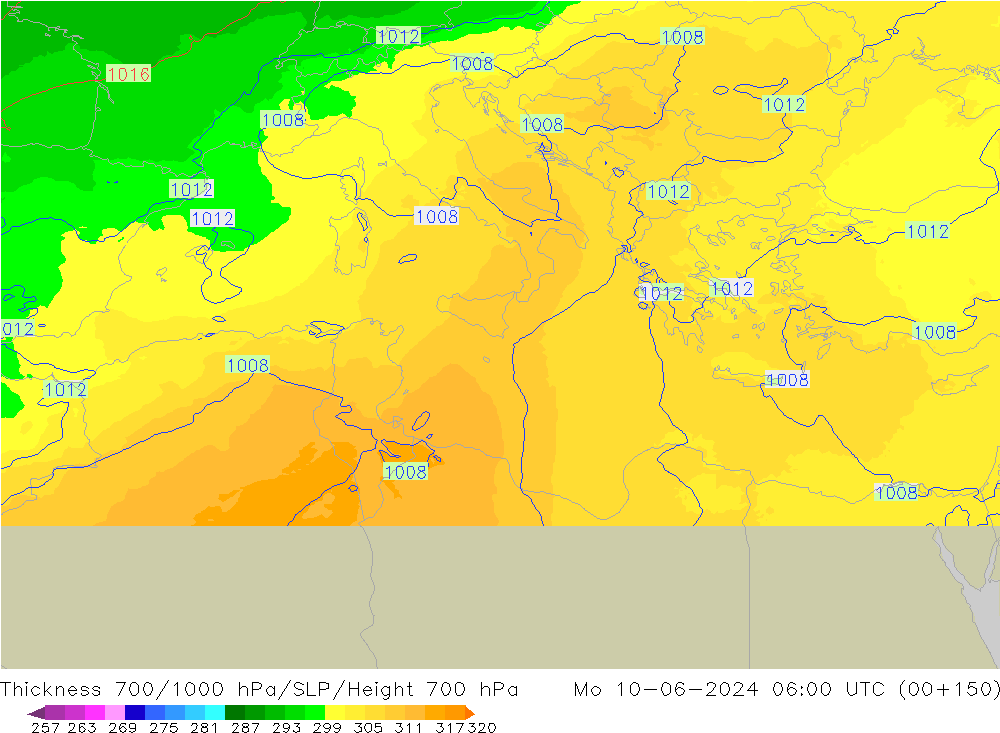 Espesor 700-1000 hPa UK-Global lun 10.06.2024 06 UTC
