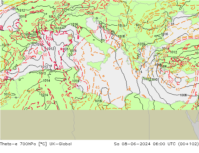 Theta-e 700hPa UK-Global Sa 08.06.2024 06 UTC