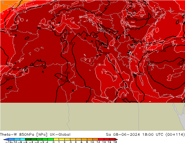 Theta-W 850hPa UK-Global Sáb 08.06.2024 18 UTC