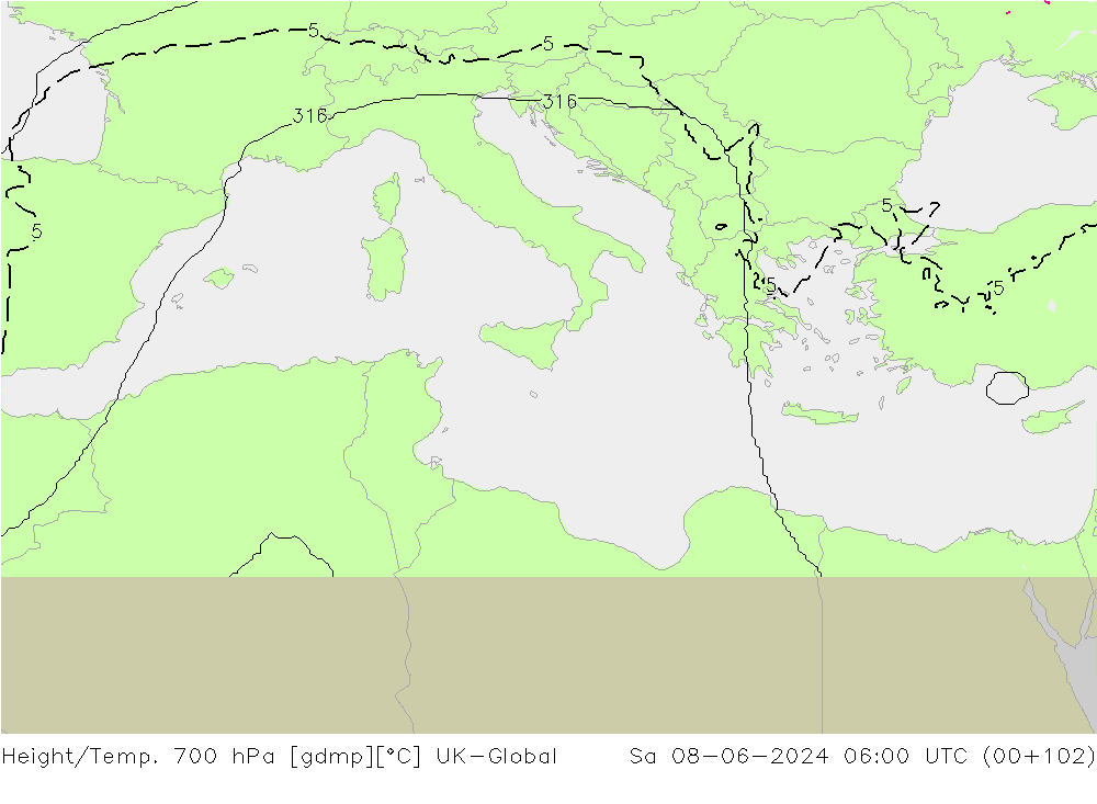 Height/Temp. 700 hPa UK-Global Sa 08.06.2024 06 UTC