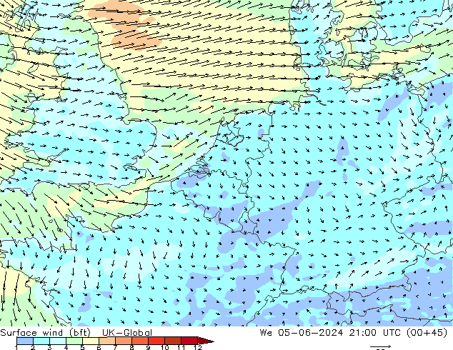 Surface wind (bft) UK-Global We 05.06.2024 21 UTC