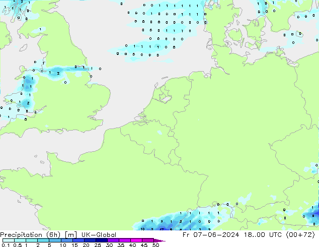 Precipitation (6h) UK-Global Fr 07.06.2024 00 UTC