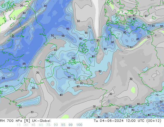 RH 700 hPa UK-Global 星期二 04.06.2024 12 UTC