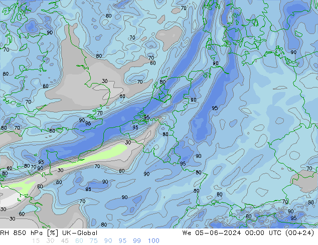 RH 850 hPa UK-Global St 05.06.2024 00 UTC
