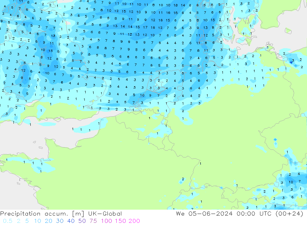 Totale neerslag UK-Global wo 05.06.2024 00 UTC