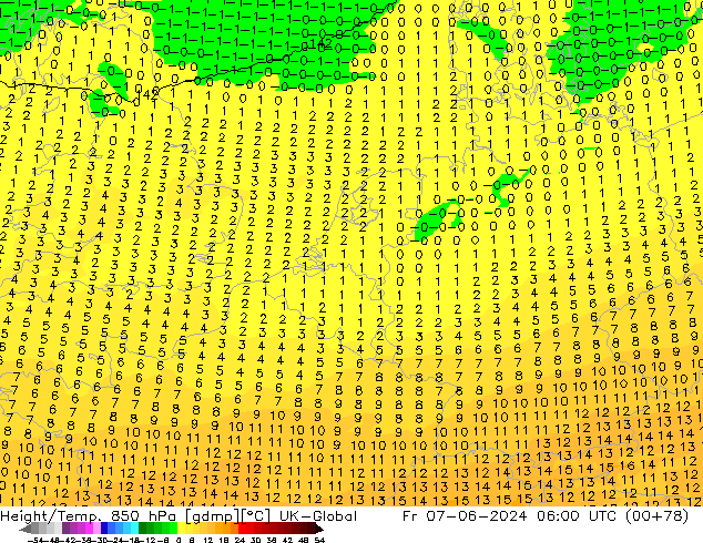 Height/Temp. 850 hPa UK-Global Fr 07.06.2024 06 UTC