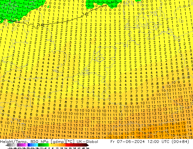 Height/Temp. 850 hPa UK-Global Fr 07.06.2024 12 UTC