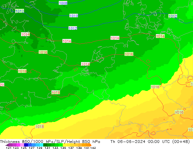 Thck 850-1000 hPa UK-Global czw. 06.06.2024 00 UTC