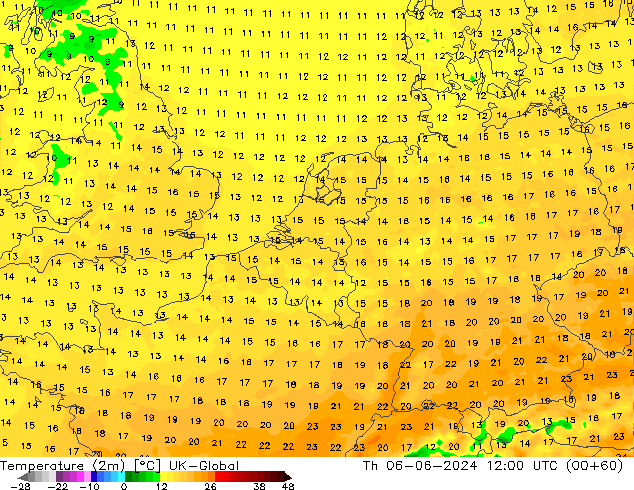 Temperature (2m) UK-Global Th 06.06.2024 12 UTC